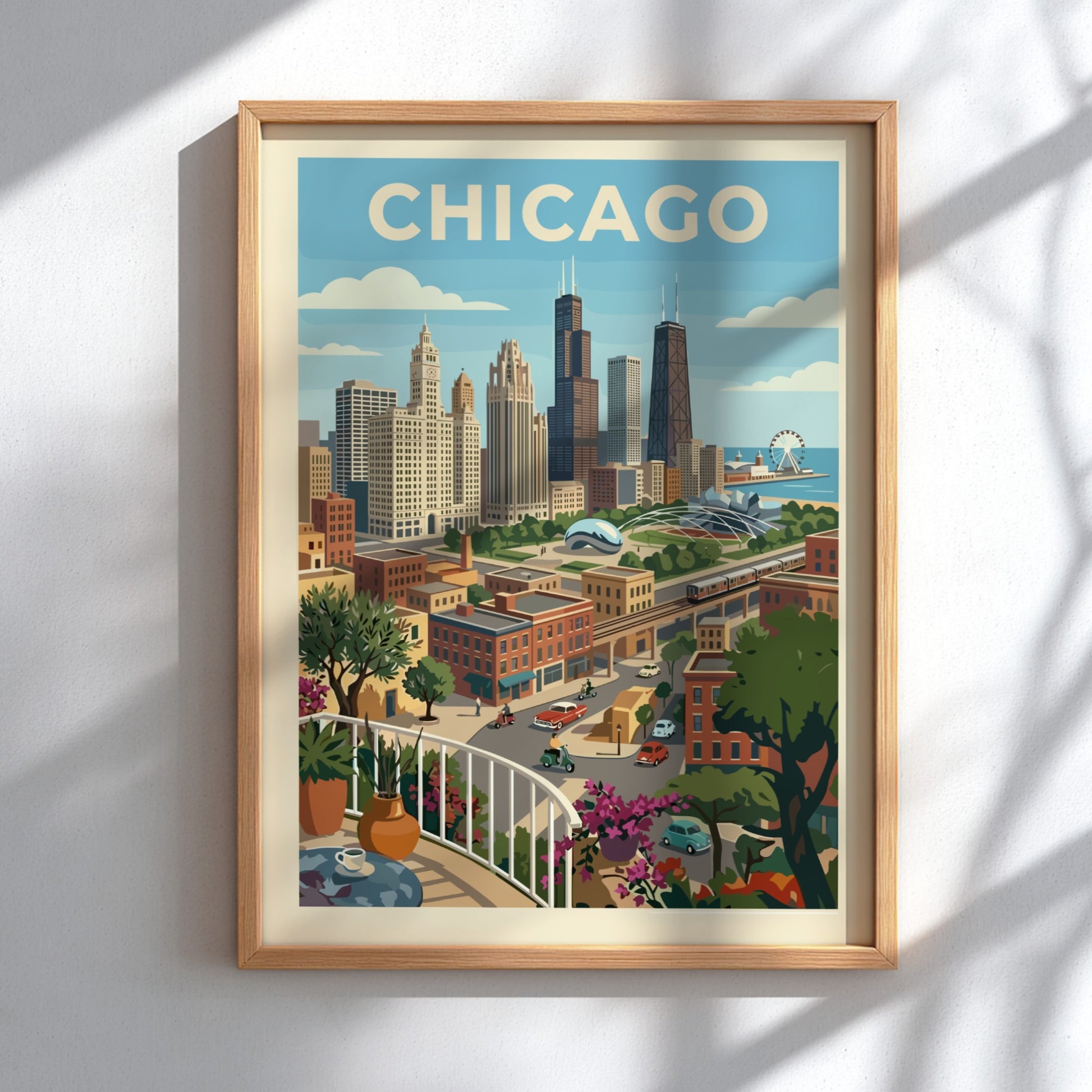 Retro-style Chicago skyline poster featuring iconic buildings, elevated train, and cityscape in a warm color