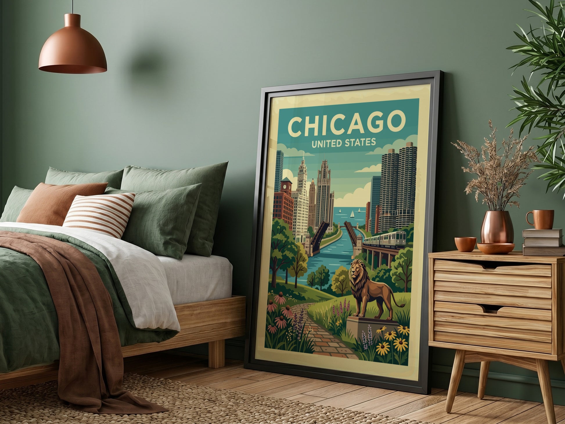 Vintage Chicago skyline travel poster with a lion statue in the foreground.