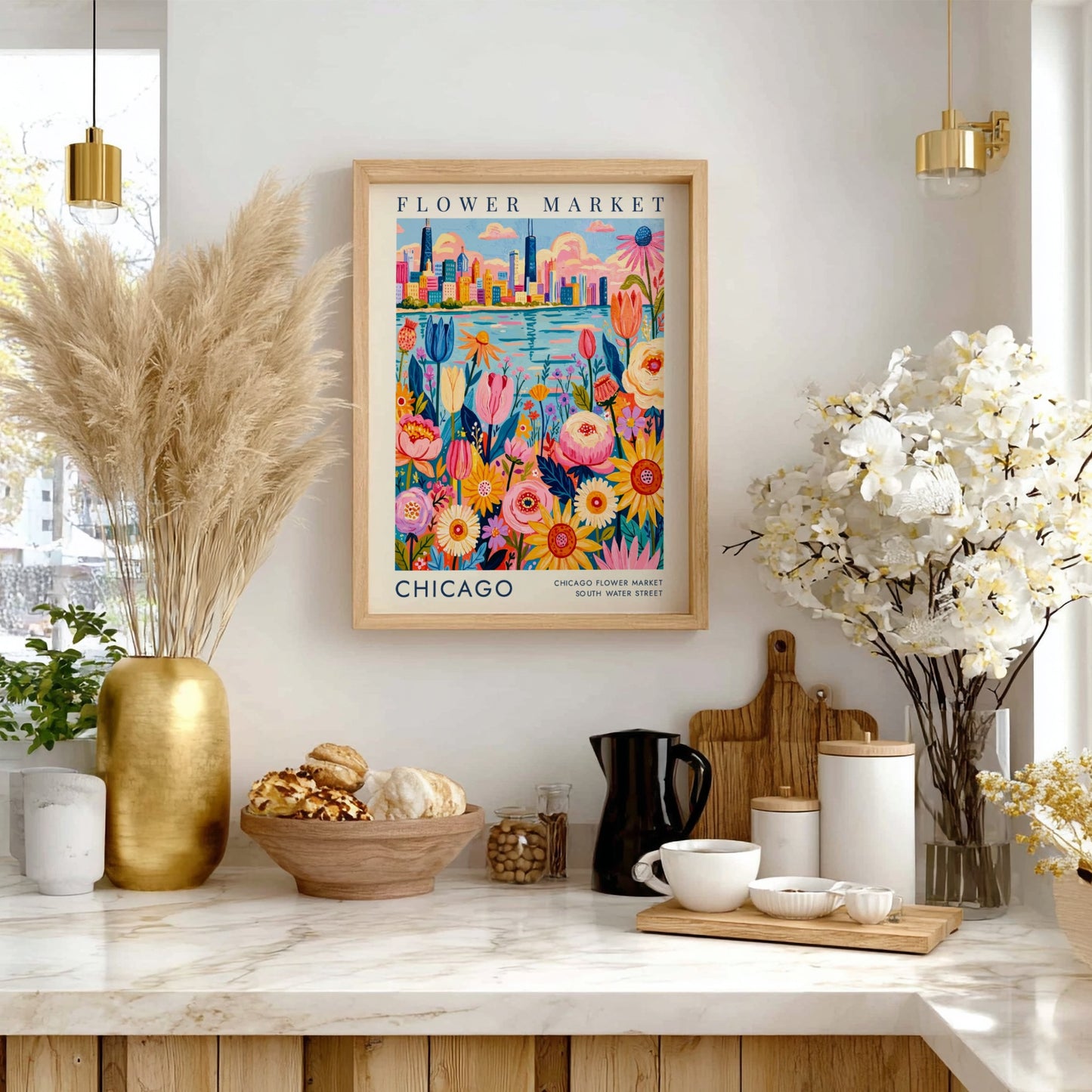 Flower market poster featuring colorful blooms and Chicago skyline in vibrant colors