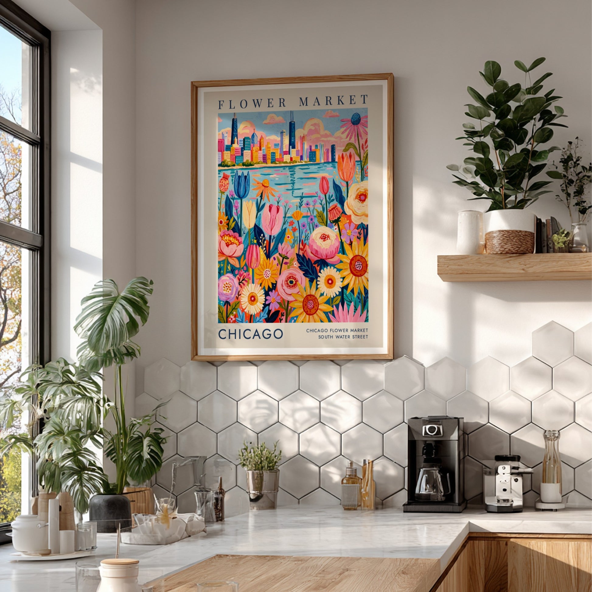 Flower market poster featuring colorful blooms and Chicago skyline in vibrant colors
