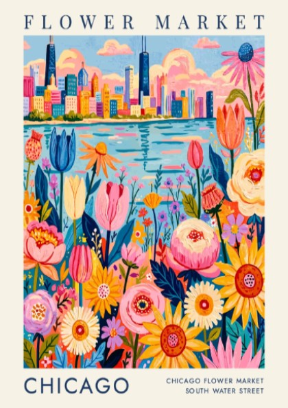 Flower market poster featuring colorful blooms and Chicago skyline in vibrant colors