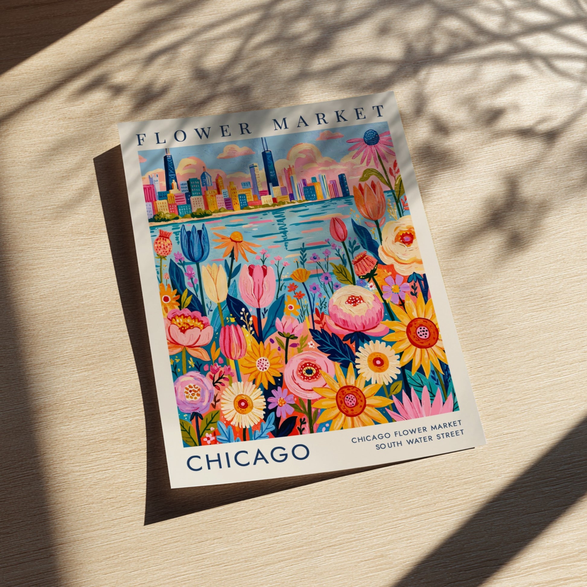 Flower market poster featuring colorful blooms and Chicago skyline in vibrant colors
