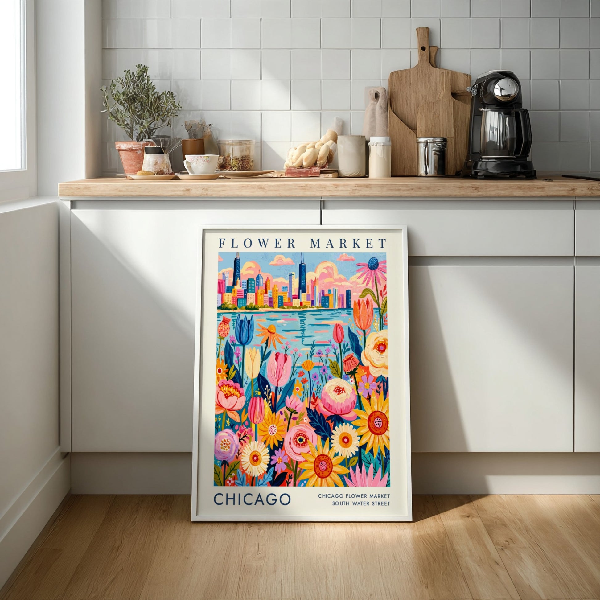 Flower market poster featuring colorful blooms and Chicago skyline in vibrant colors