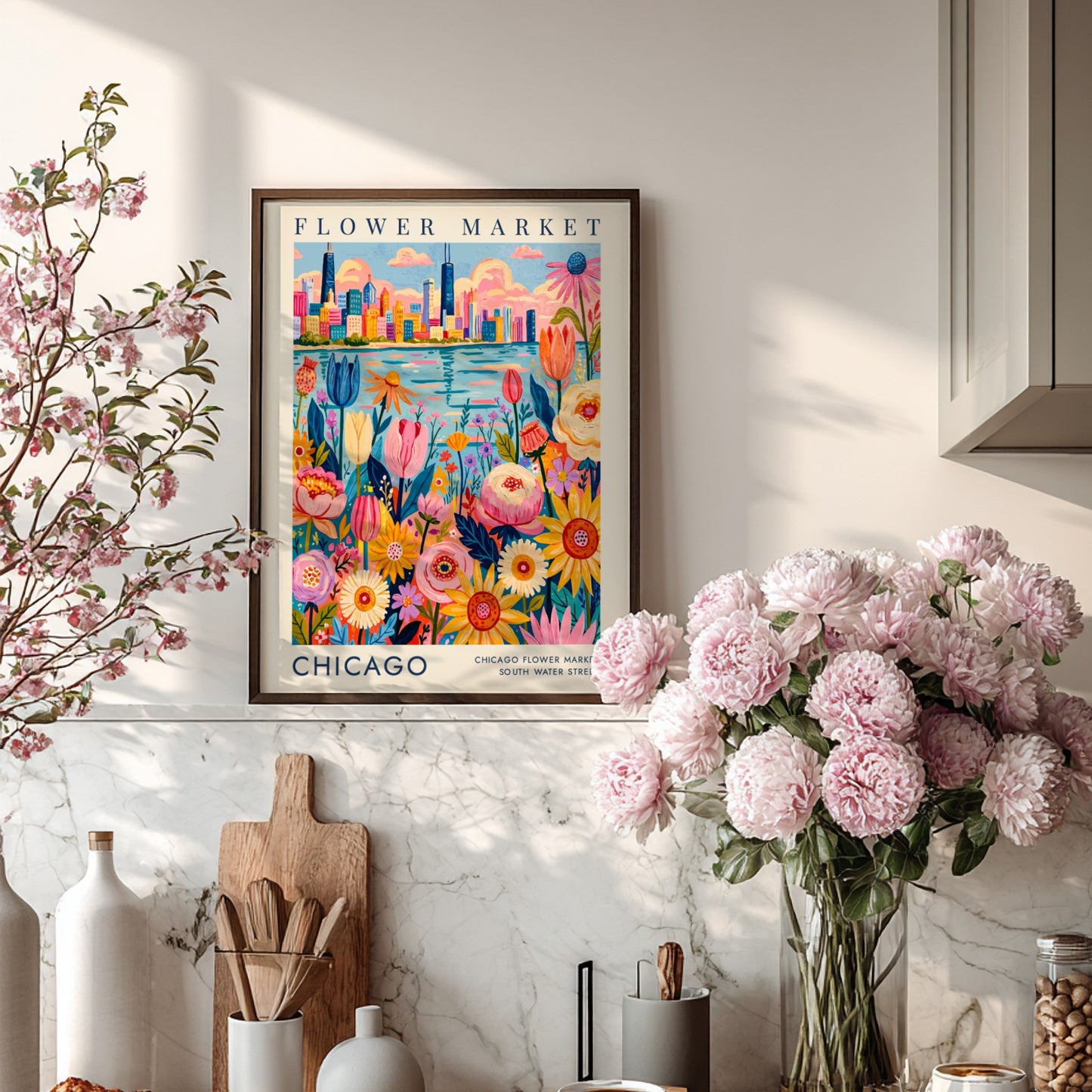 Flower market poster featuring colorful blooms and Chicago skyline in vibrant colors