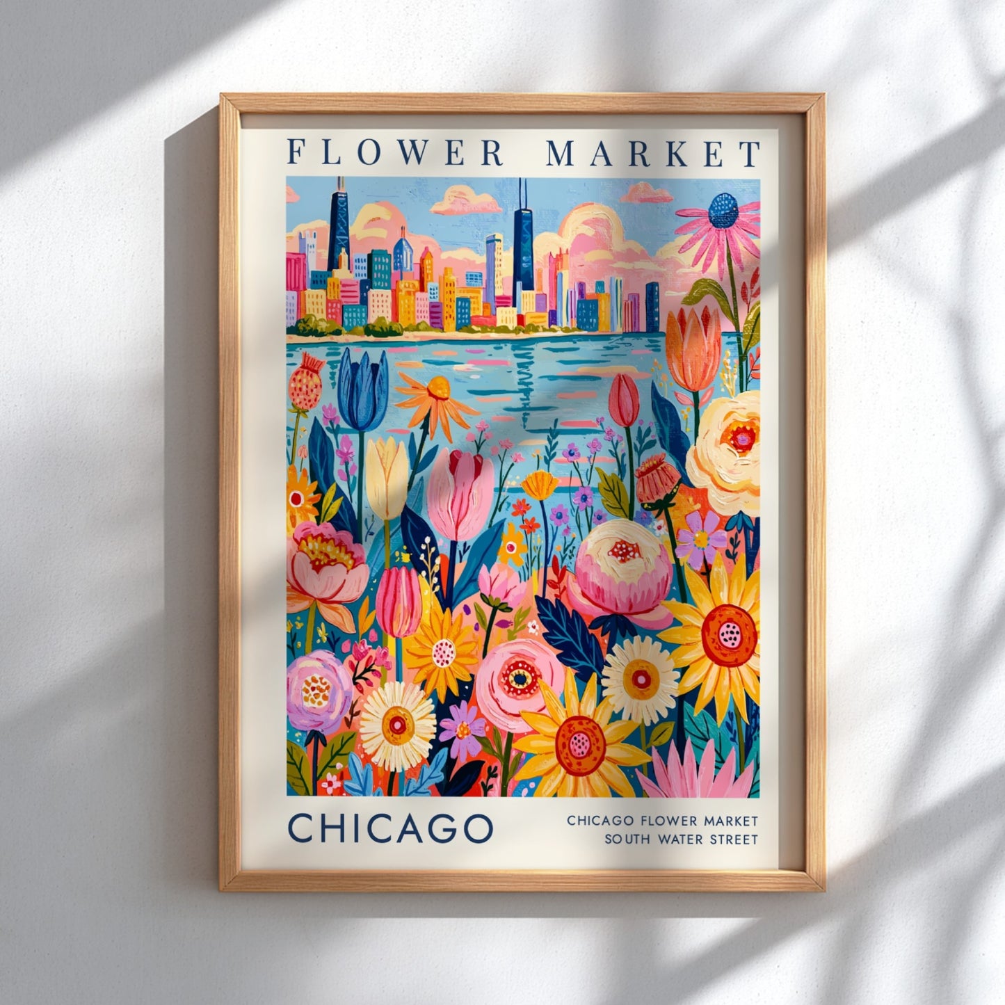 Flower market poster featuring colorful blooms and Chicago skyline in vibrant colors