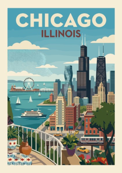 Vintage Chicago skyline poster featuring iconic buildings and Lake Michigan in a retro travel art style.