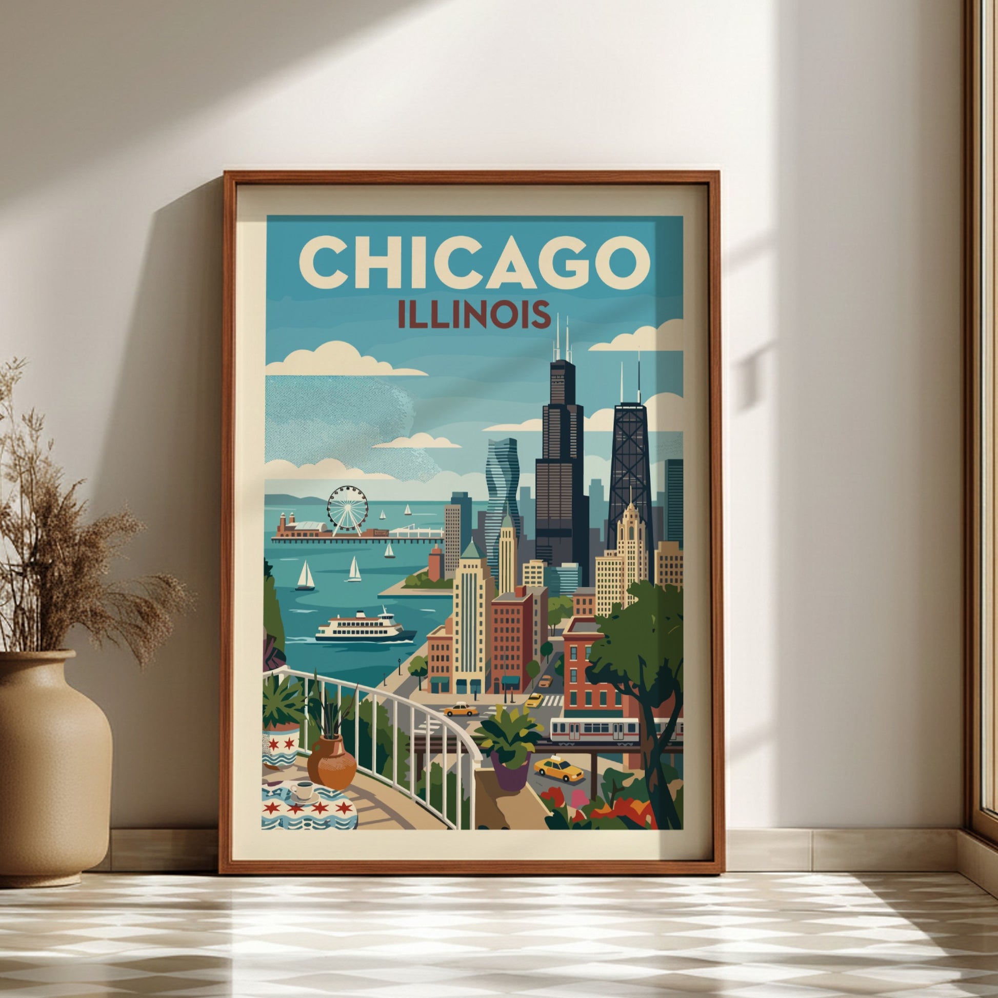 Vintage Chicago skyline poster featuring iconic buildings and Lake Michigan in a retro travel art style.