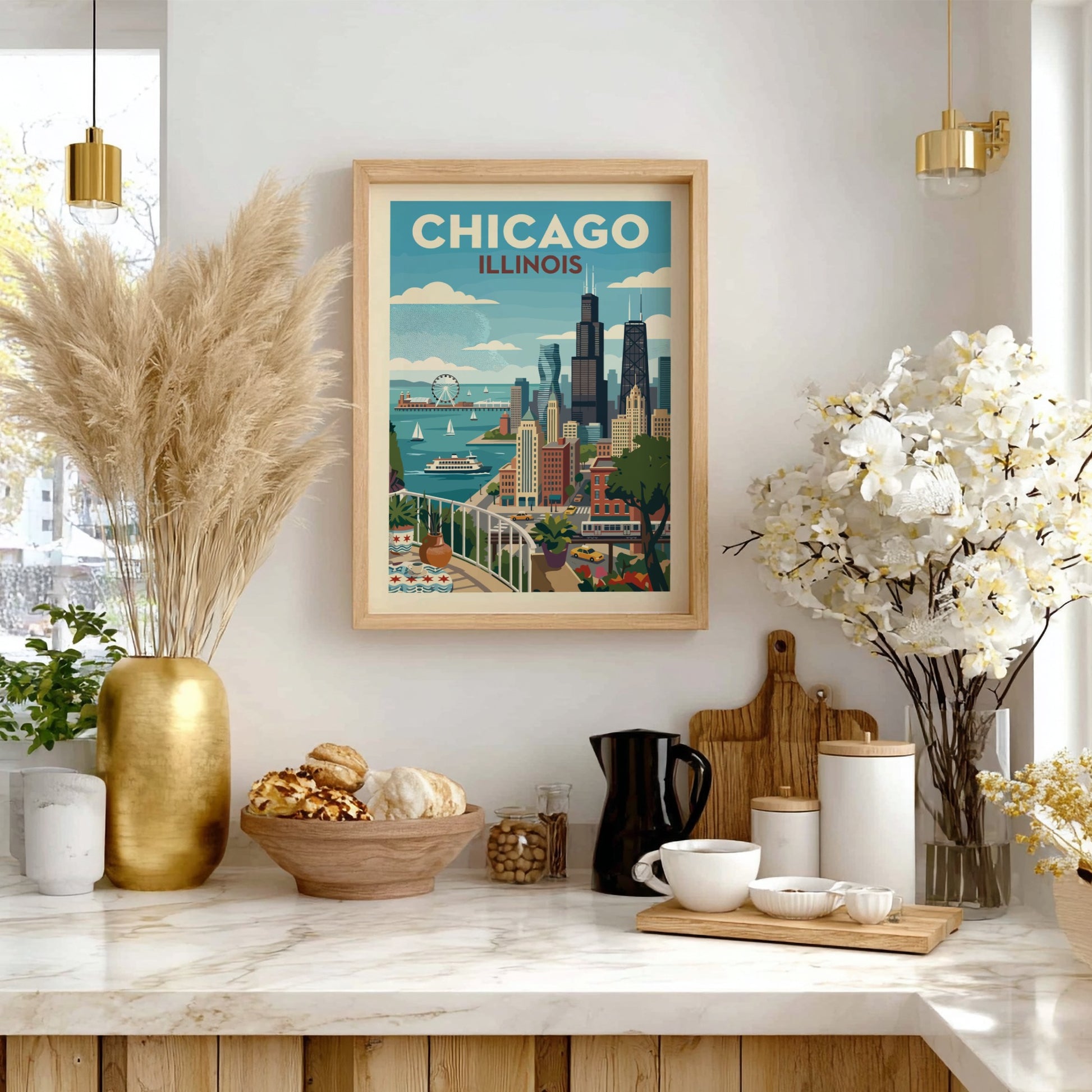 Vintage Chicago skyline poster featuring iconic buildings and Lake Michigan in a retro travel art style.