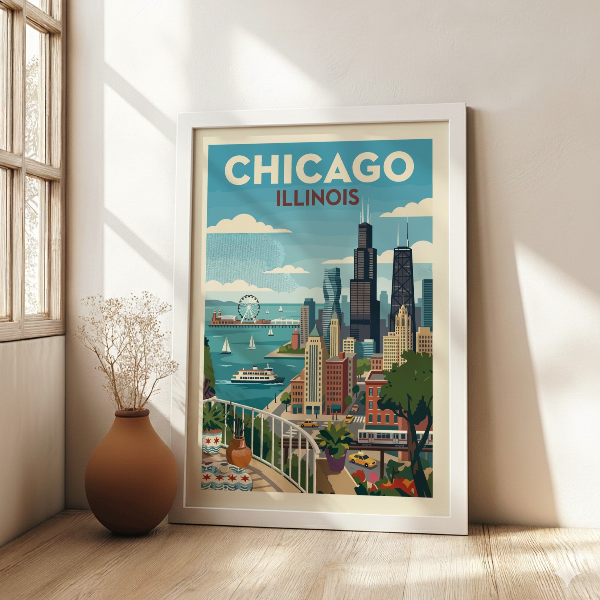 Vintage Chicago skyline poster featuring iconic buildings and Lake Michigan in a retro travel art style.