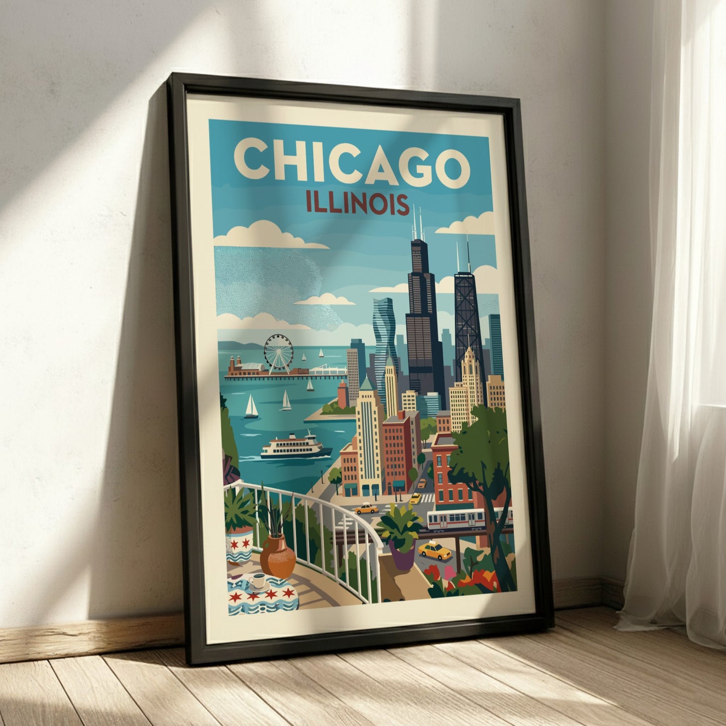 Vintage Chicago skyline poster featuring iconic buildings and Lake Michigan in a retro travel art style.