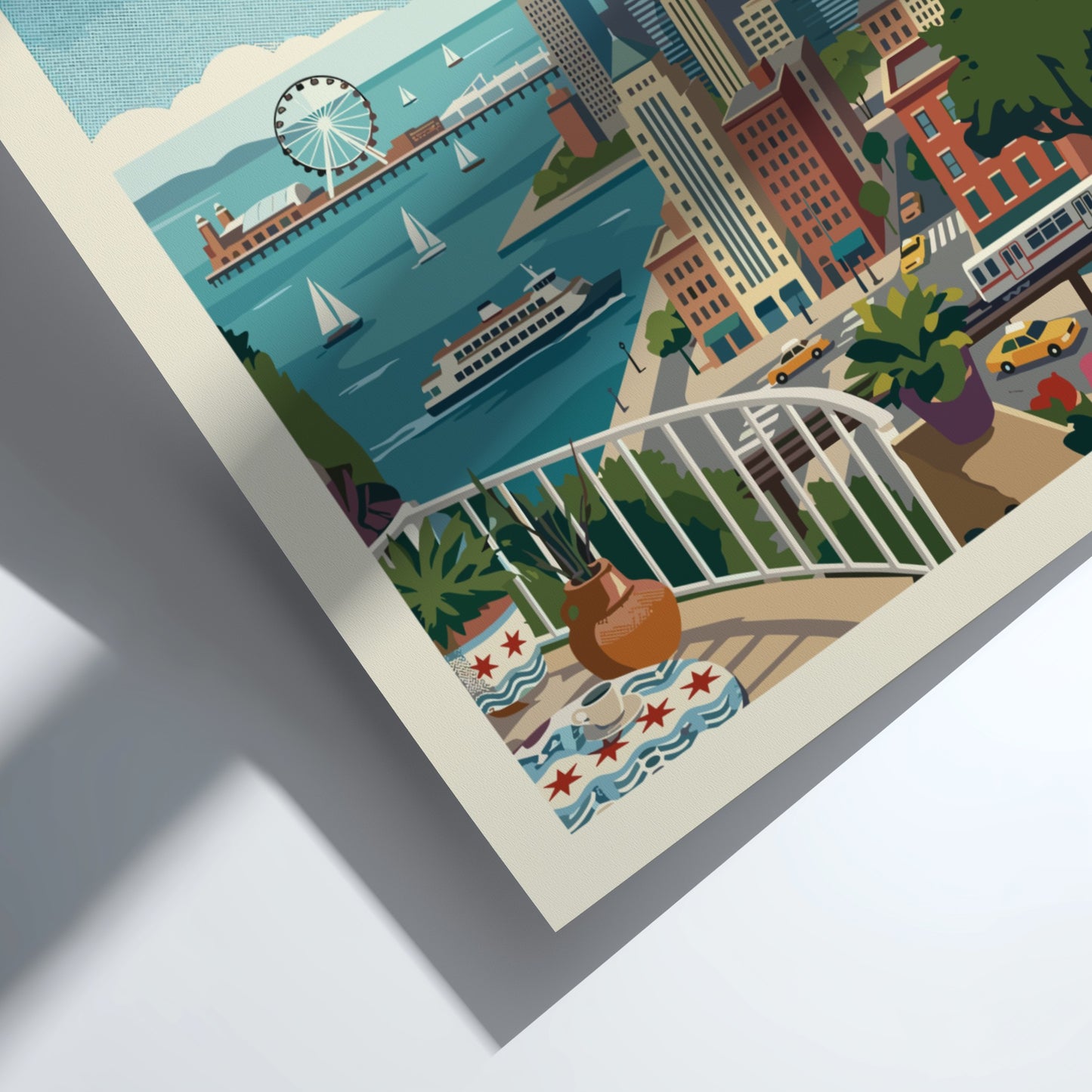 Vintage Chicago skyline poster featuring iconic buildings and Lake Michigan in a retro travel art style.