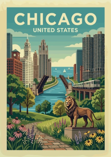 Vintage Chicago skyline travel poster with a lion statue in the foreground.