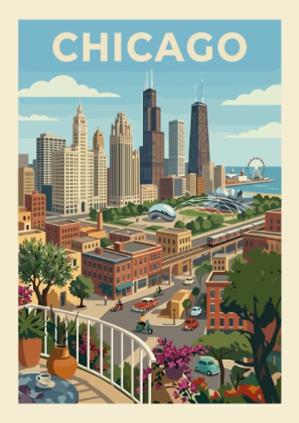 Retro-style Chicago skyline poster featuring iconic buildings, elevated train, and cityscape in a warm color