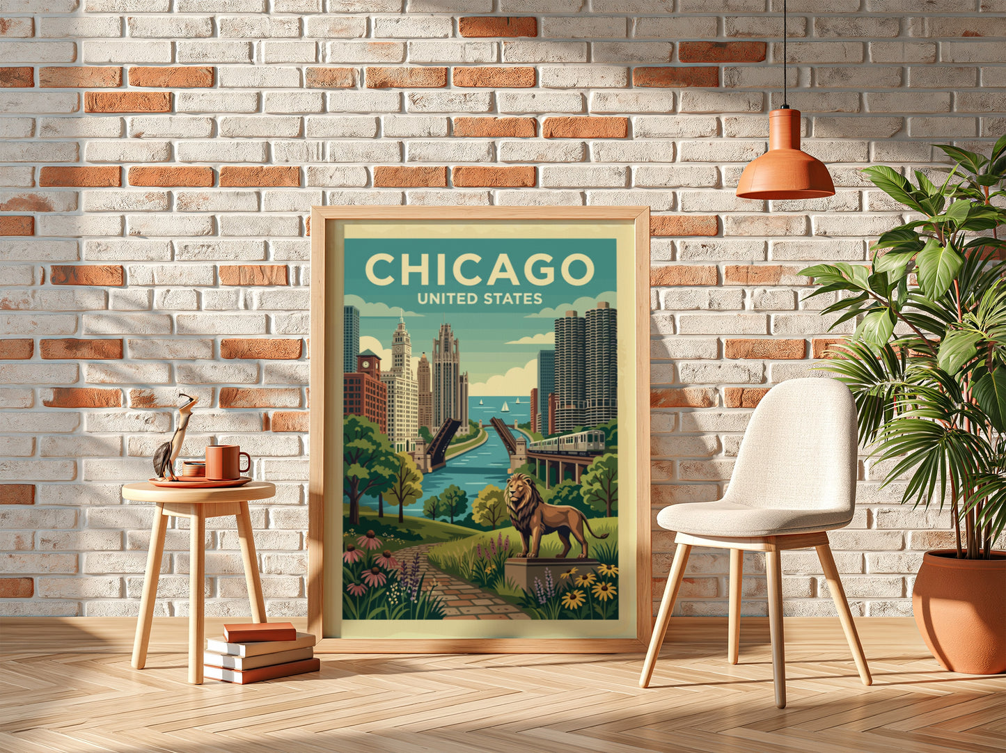 Vintage Chicago skyline travel poster with a lion statue in the foreground.