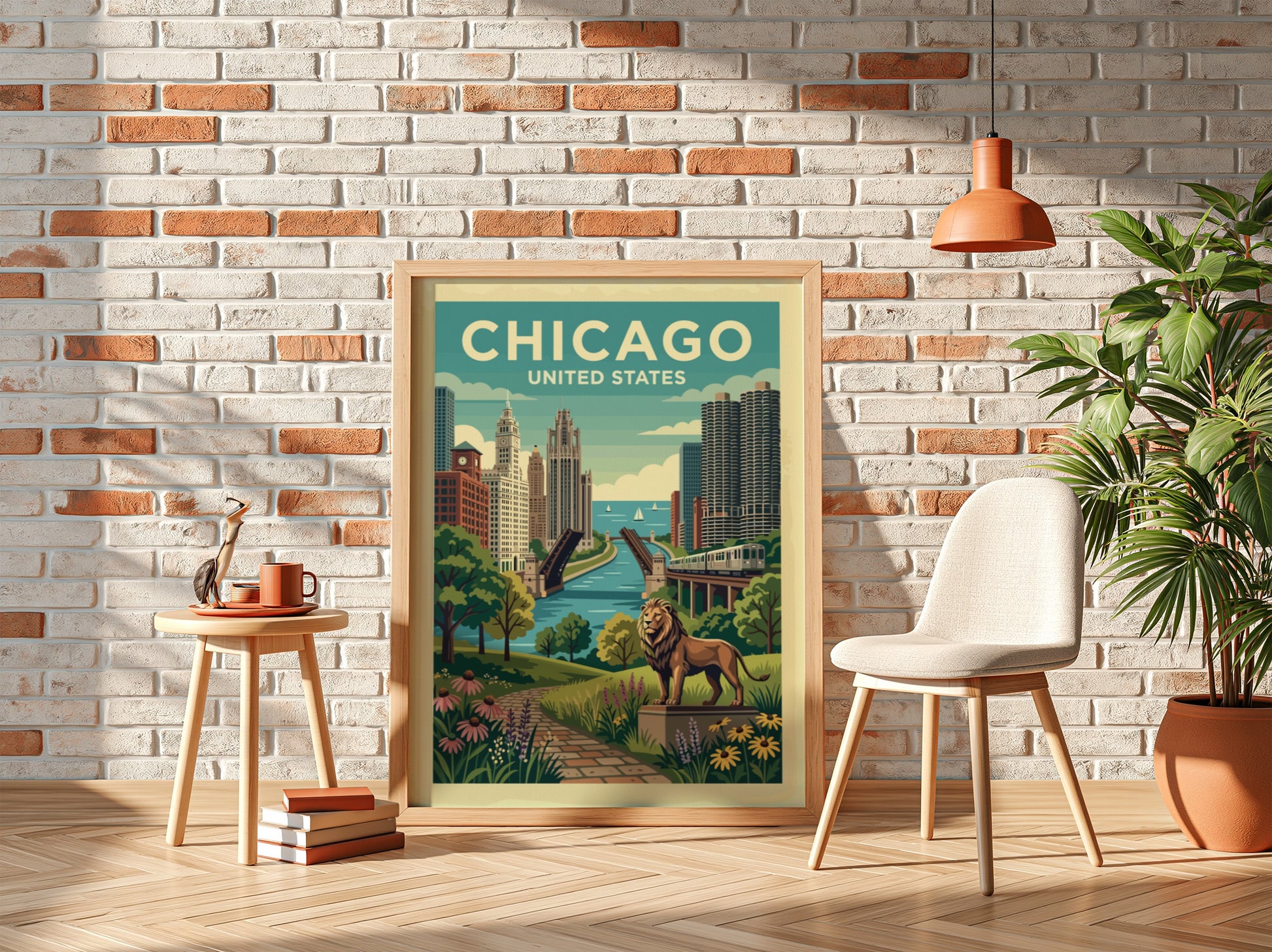 Vintage Chicago skyline travel poster with a lion statue in the foreground.