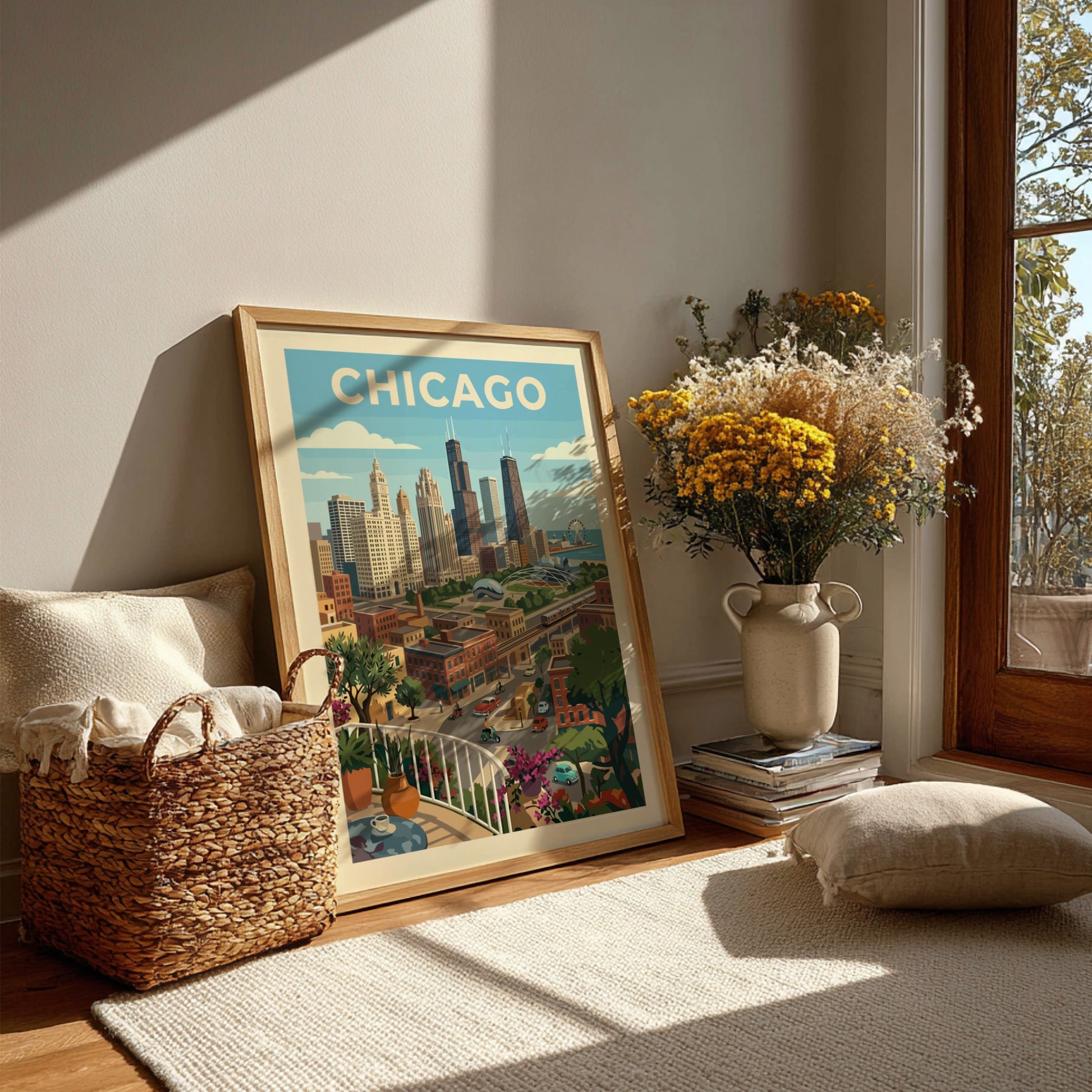 Retro-style Chicago skyline poster featuring iconic buildings, elevated train, and cityscape in a warm color