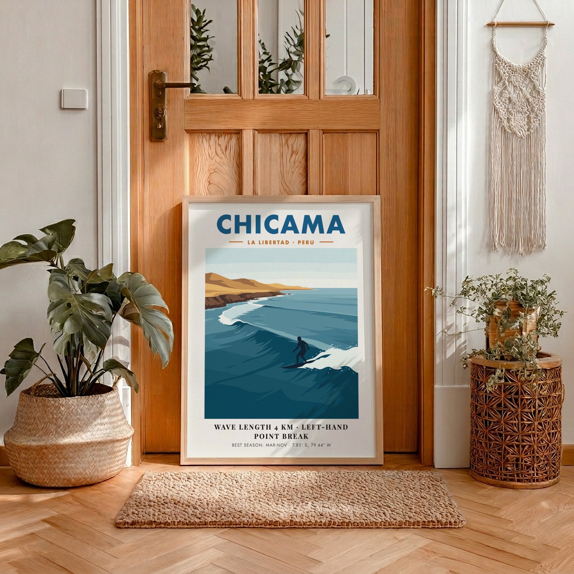 Chicama Peru surf poster featuring a lone surfer on a long ocean wave