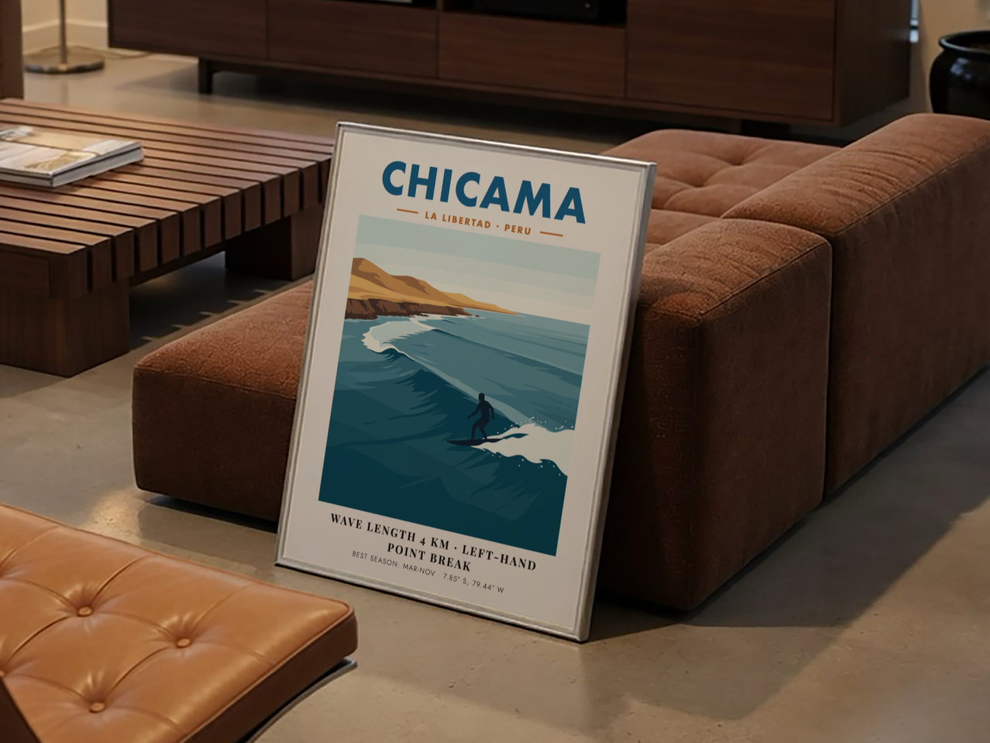Chicama Peru surf poster featuring a lone surfer on a long ocean wave