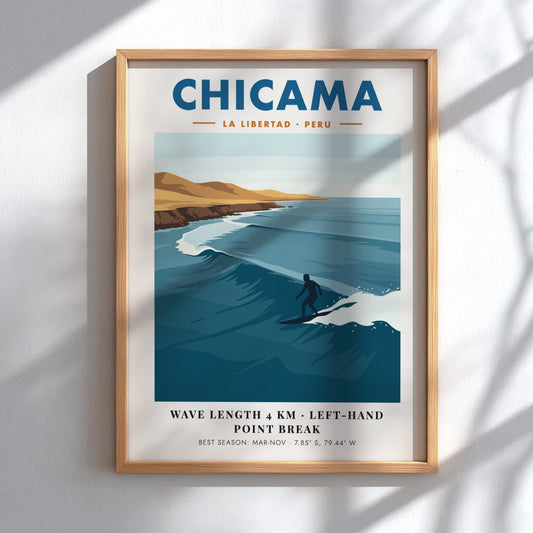 Chicama Peru surf poster featuring a lone surfer on a long ocean wave
