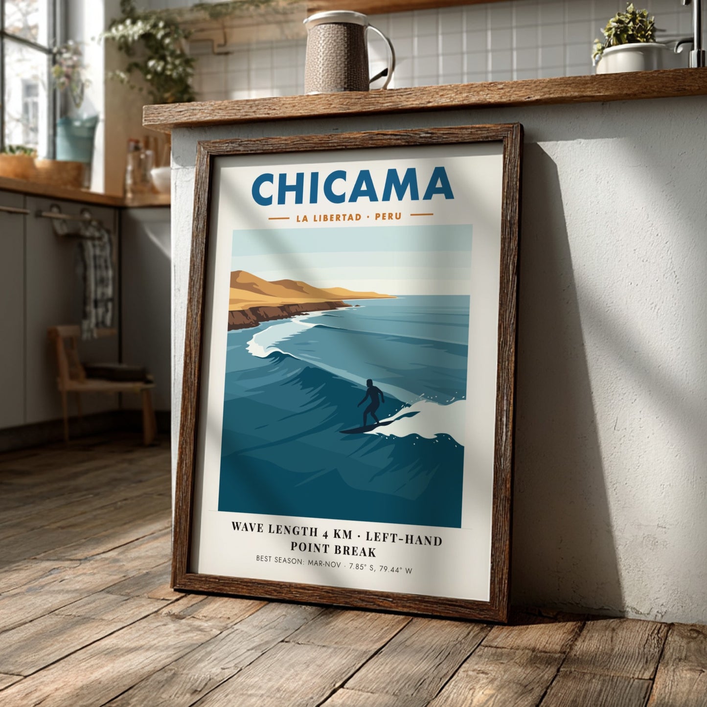 Chicama Peru surf poster featuring a lone surfer on a long ocean wave