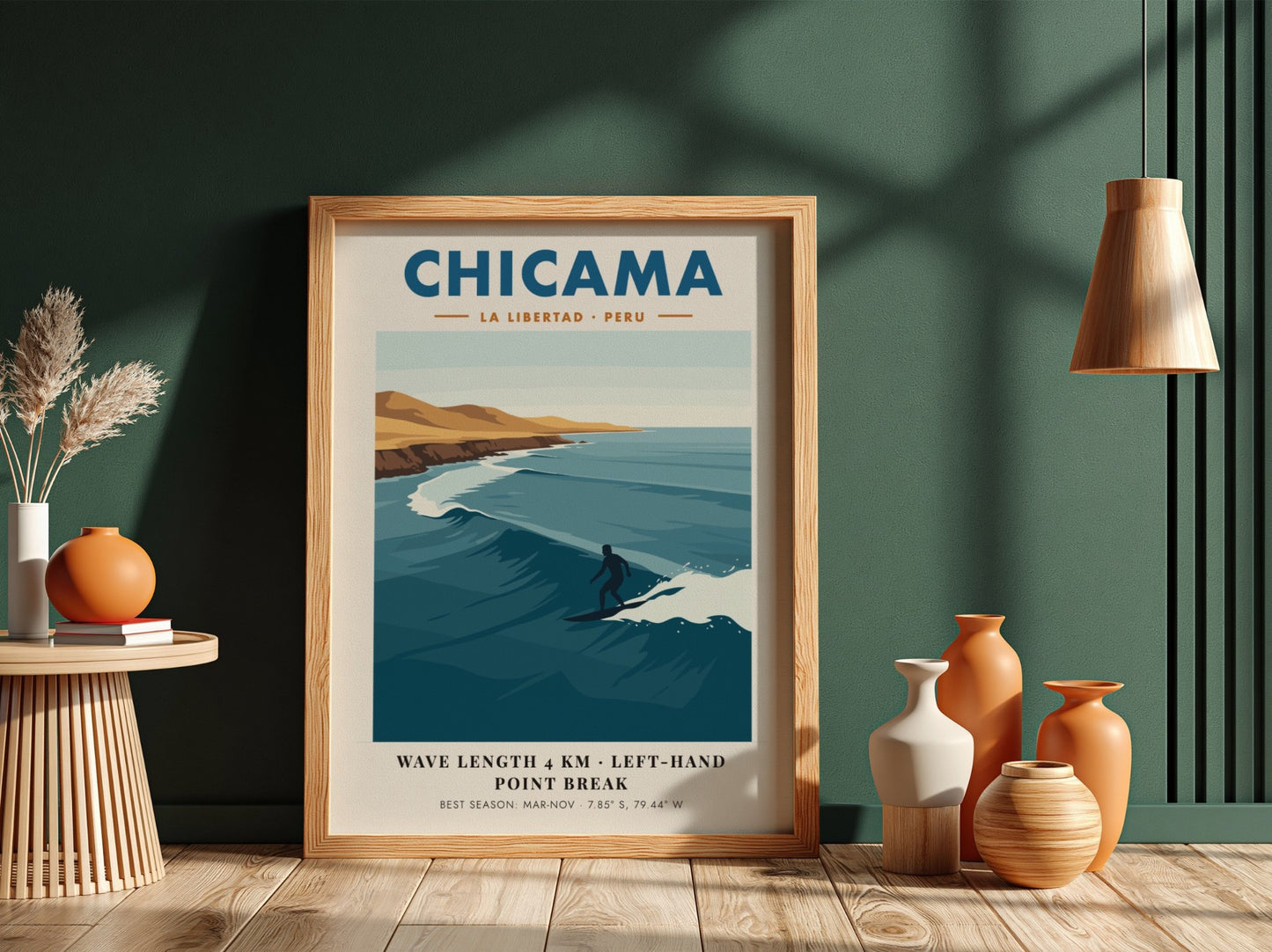 Chicama Peru surf poster featuring a lone surfer on a long ocean wave