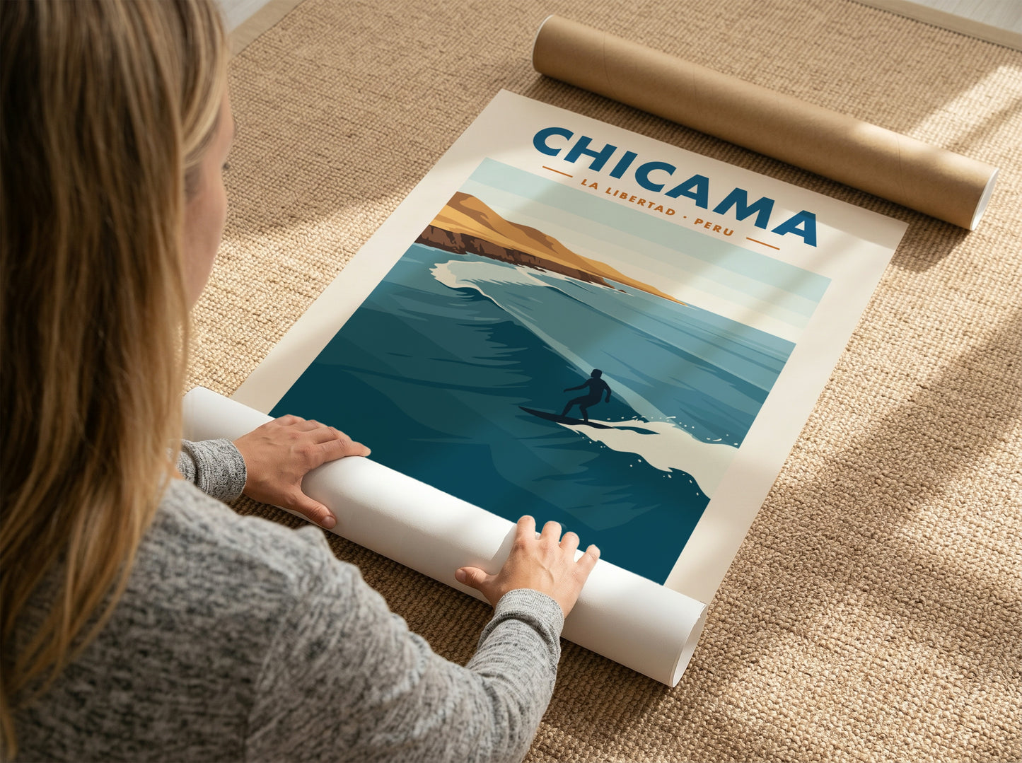 Chicama Peru surf poster featuring a lone surfer on a long ocean wave