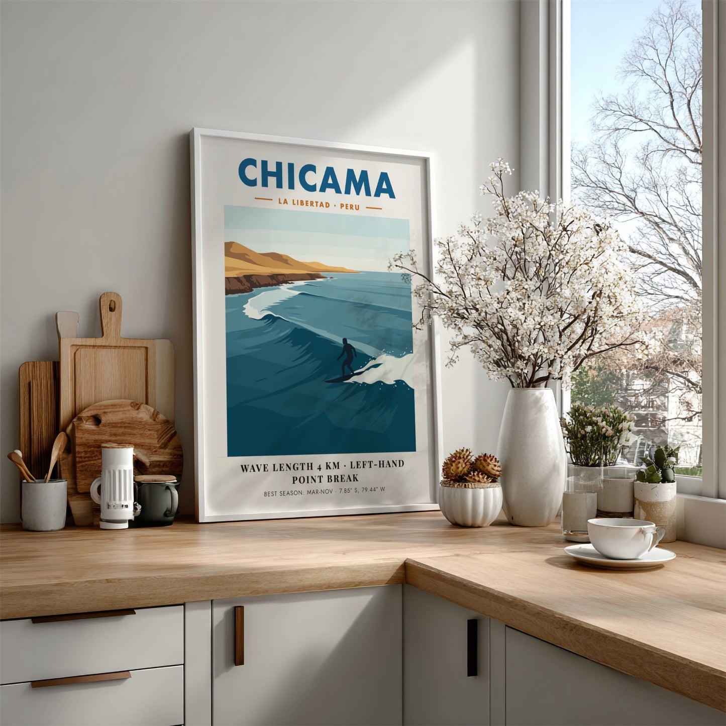 Chicama Peru surf poster featuring a lone surfer on a long ocean wave