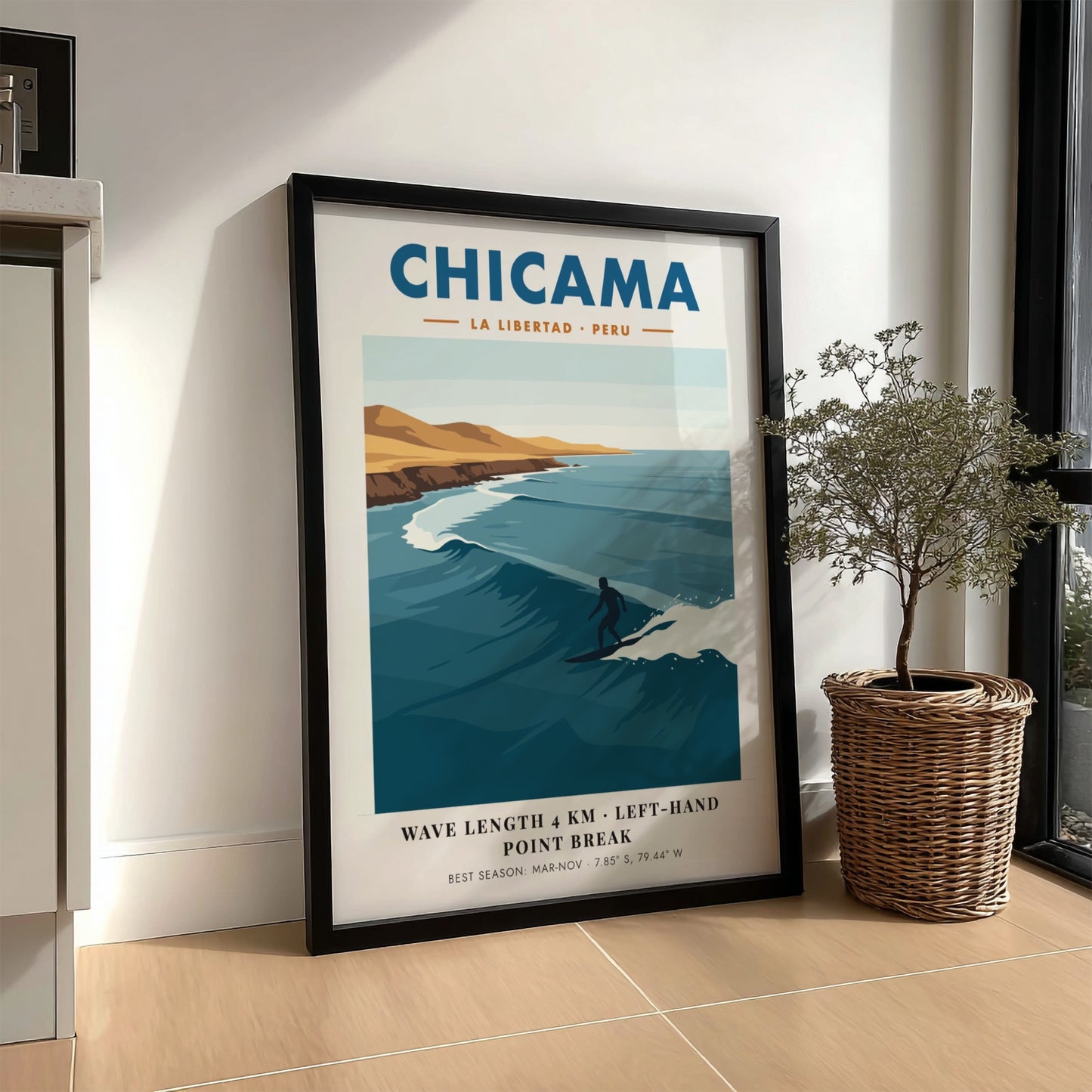 Chicama Peru surf poster featuring a lone surfer on a long ocean wave