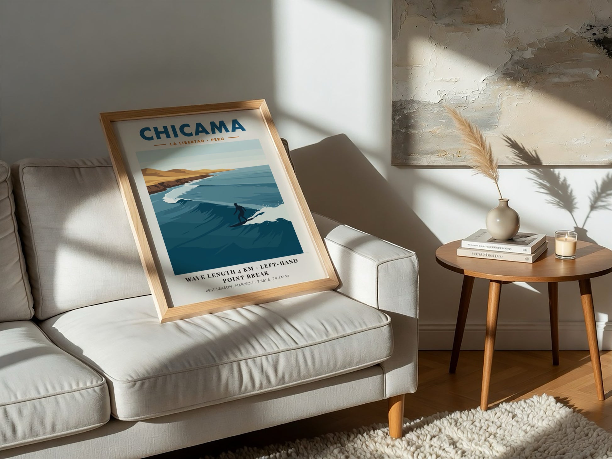 Chicama Peru surf poster featuring a lone surfer on a long ocean wave