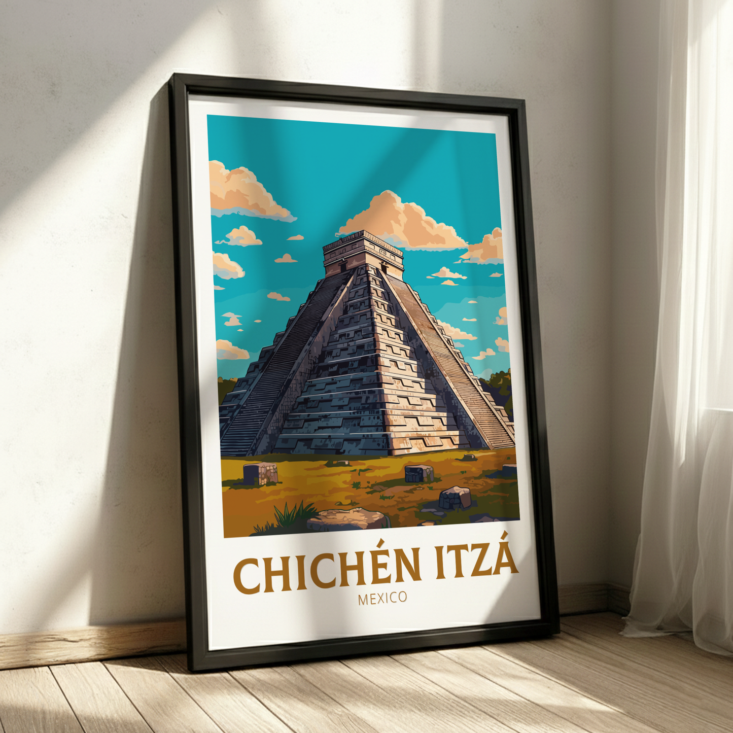 Framed artwork of Chichén Itzó pyramid with a wooden frame on a white wall.