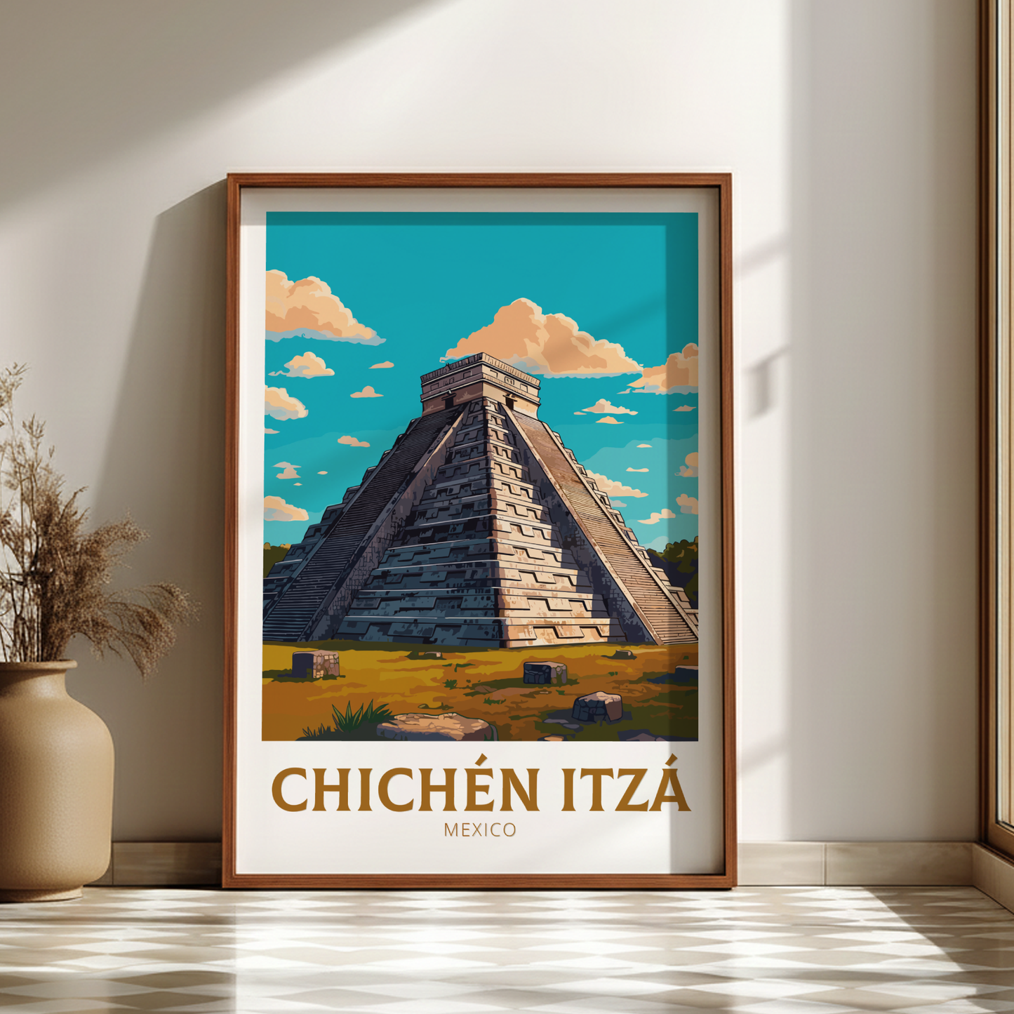 Framed artwork of Chichén Itzó pyramid with a wooden frame on a white wall.
