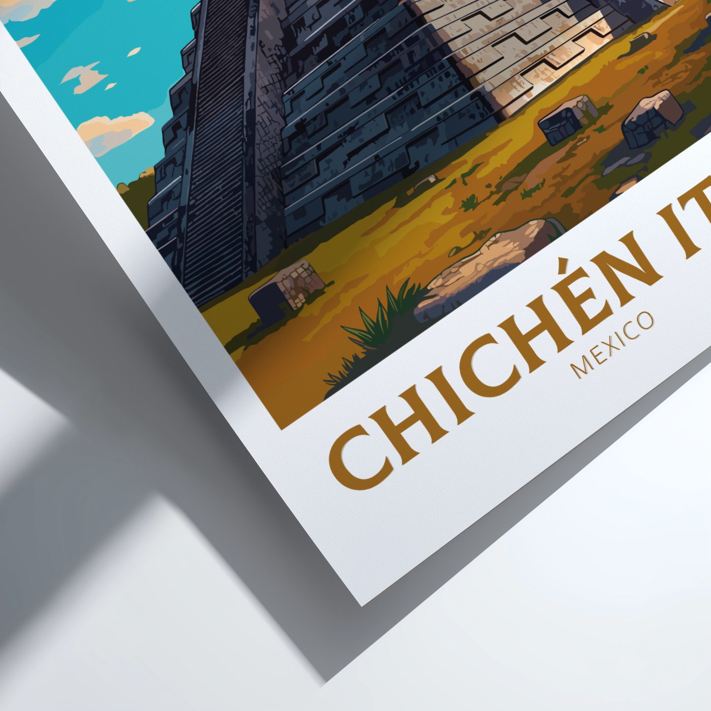 Poster of Chichén Itó with architectural design on a white background