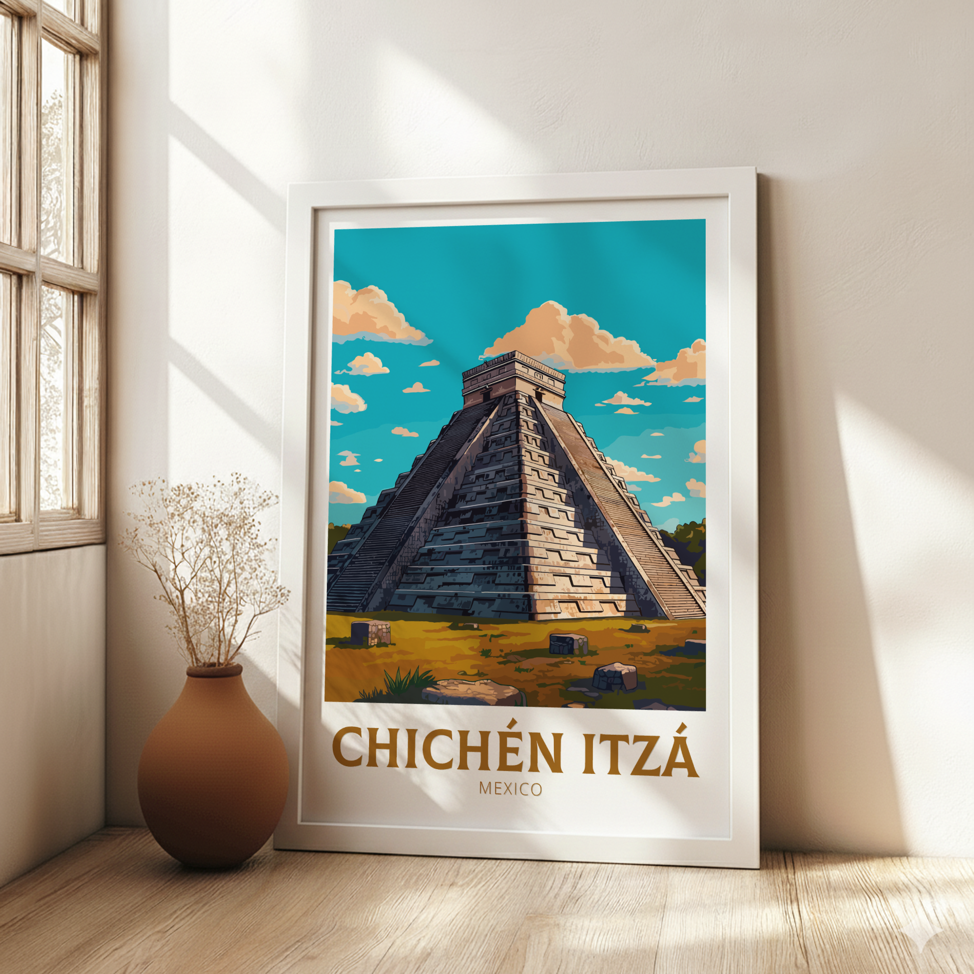 Framed poster of Chichén Itzó in a room with a vase and window.