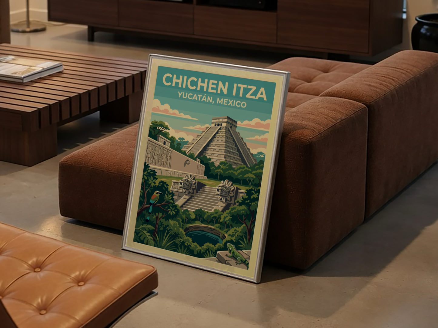 Travel poster of the Chichen Itza pyramid in Mexico with jungle scenery and wildlife