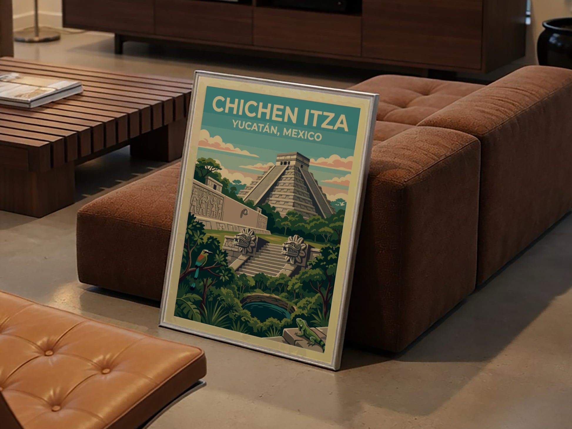 Travel poster of the Chichen Itza pyramid in Mexico with jungle scenery and wildlife