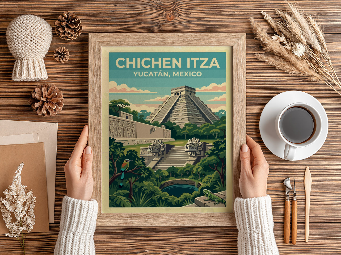 Travel poster of the Chichen Itza pyramid in Mexico with jungle scenery and wildlife