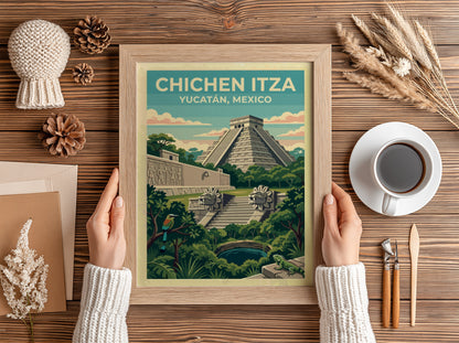 Travel poster of the Chichen Itza pyramid in Mexico with jungle scenery and wildlife