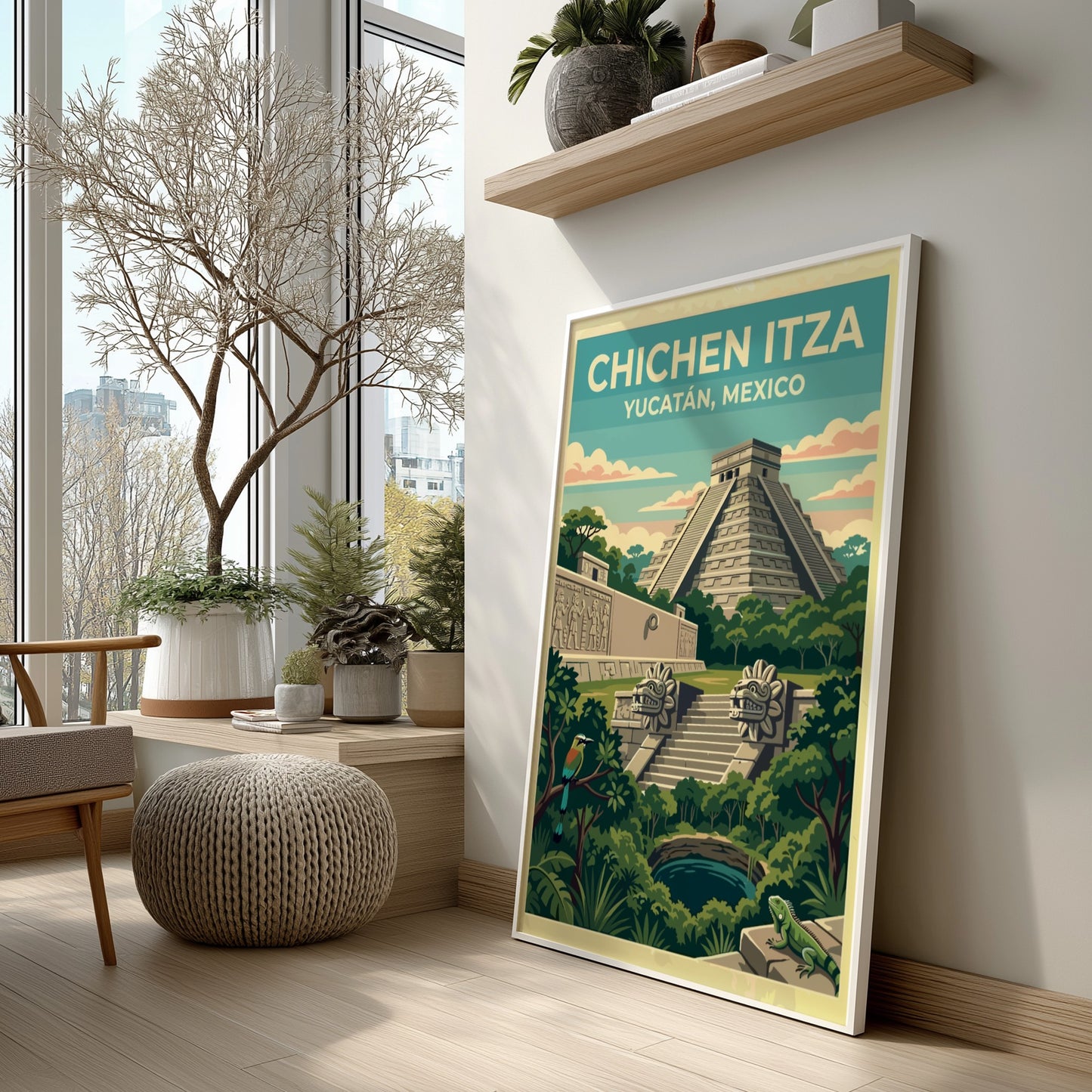 Travel poster of the Chichen Itza pyramid in Mexico with jungle scenery and wildlife