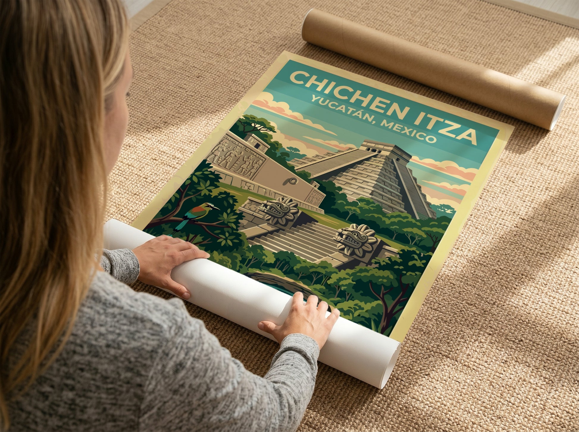 Travel poster of the Chichen Itza pyramid in Mexico with jungle scenery and wildlife