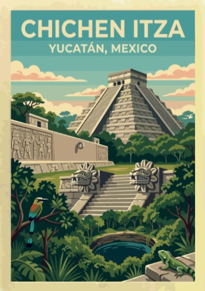 Travel poster of the Chichen Itza pyramid in Mexico with jungle scenery and wildlife