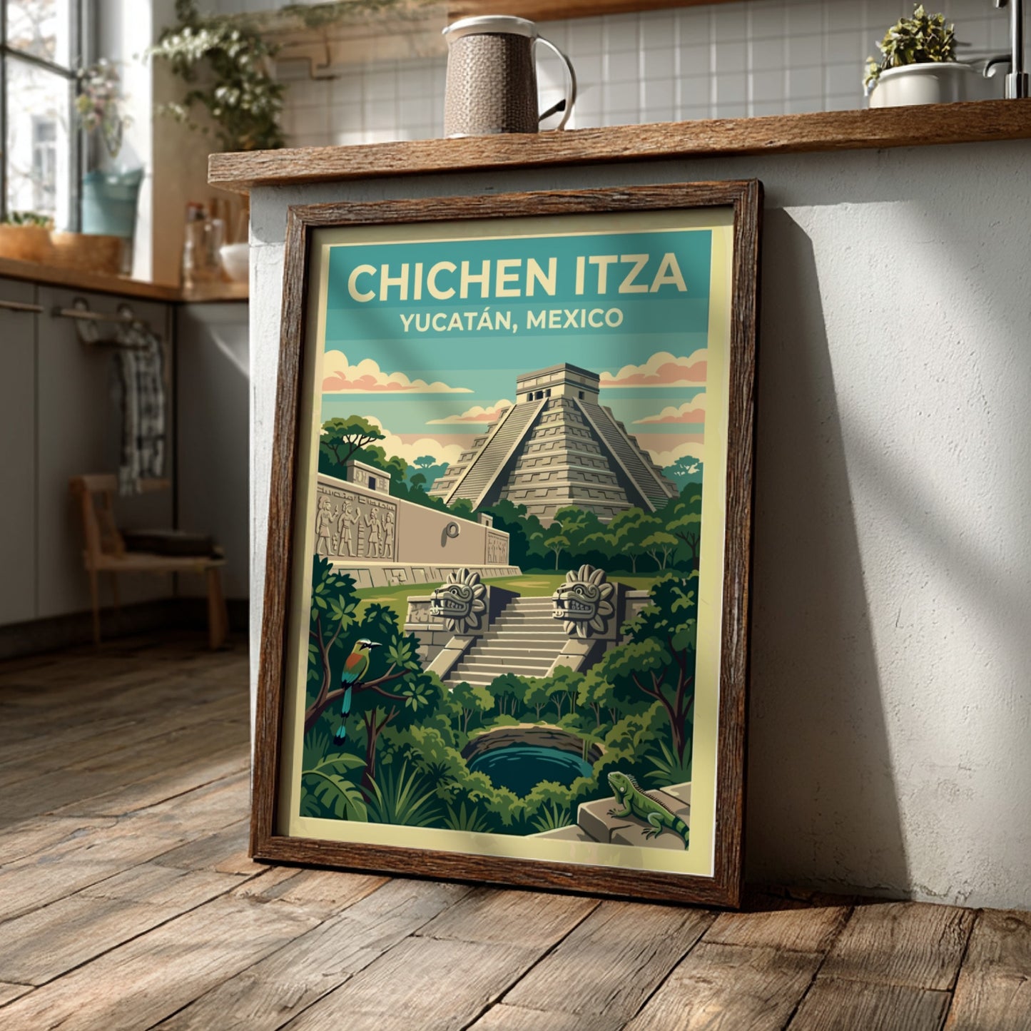 Travel poster of the Chichen Itza pyramid in Mexico with jungle scenery and wildlife