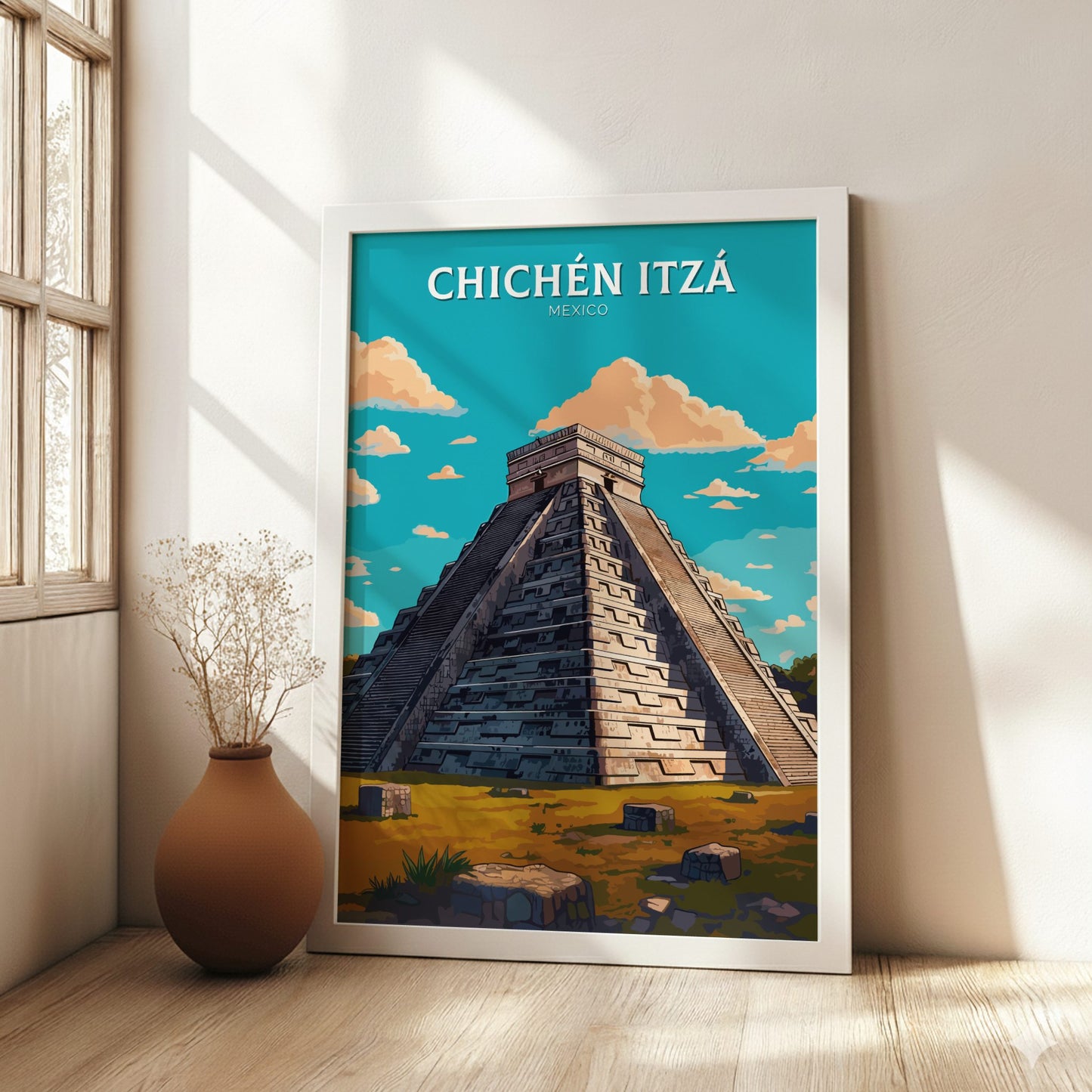 Chichen Itza White Wooden Poster Frame