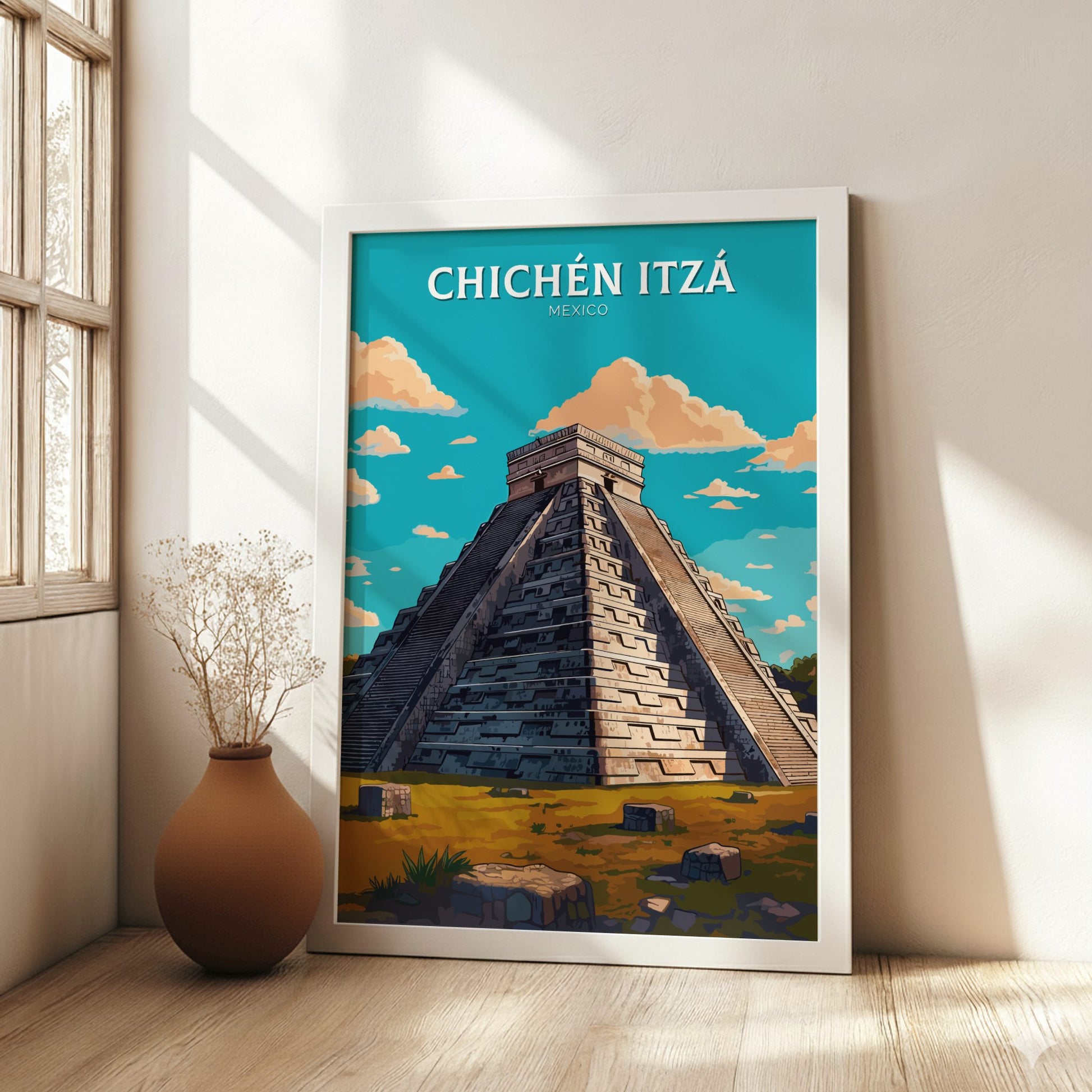 Chichen Itza White Wooden Poster Frame