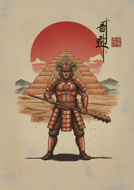 Illustration of a warrior in armor with a pyramid and red sun in the background