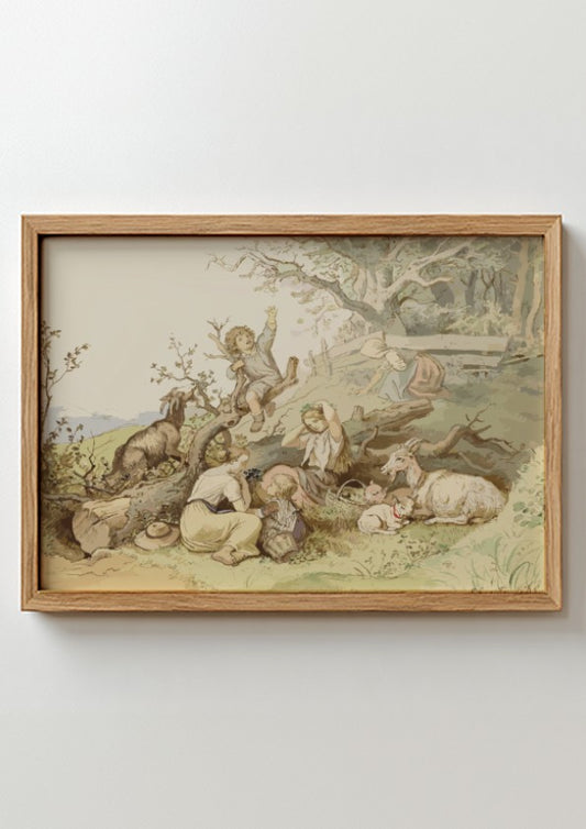 A vintage drawing titled 'Children and Goats Resting by a Felled Tree' by Adrian Ludwig Richter, featuring