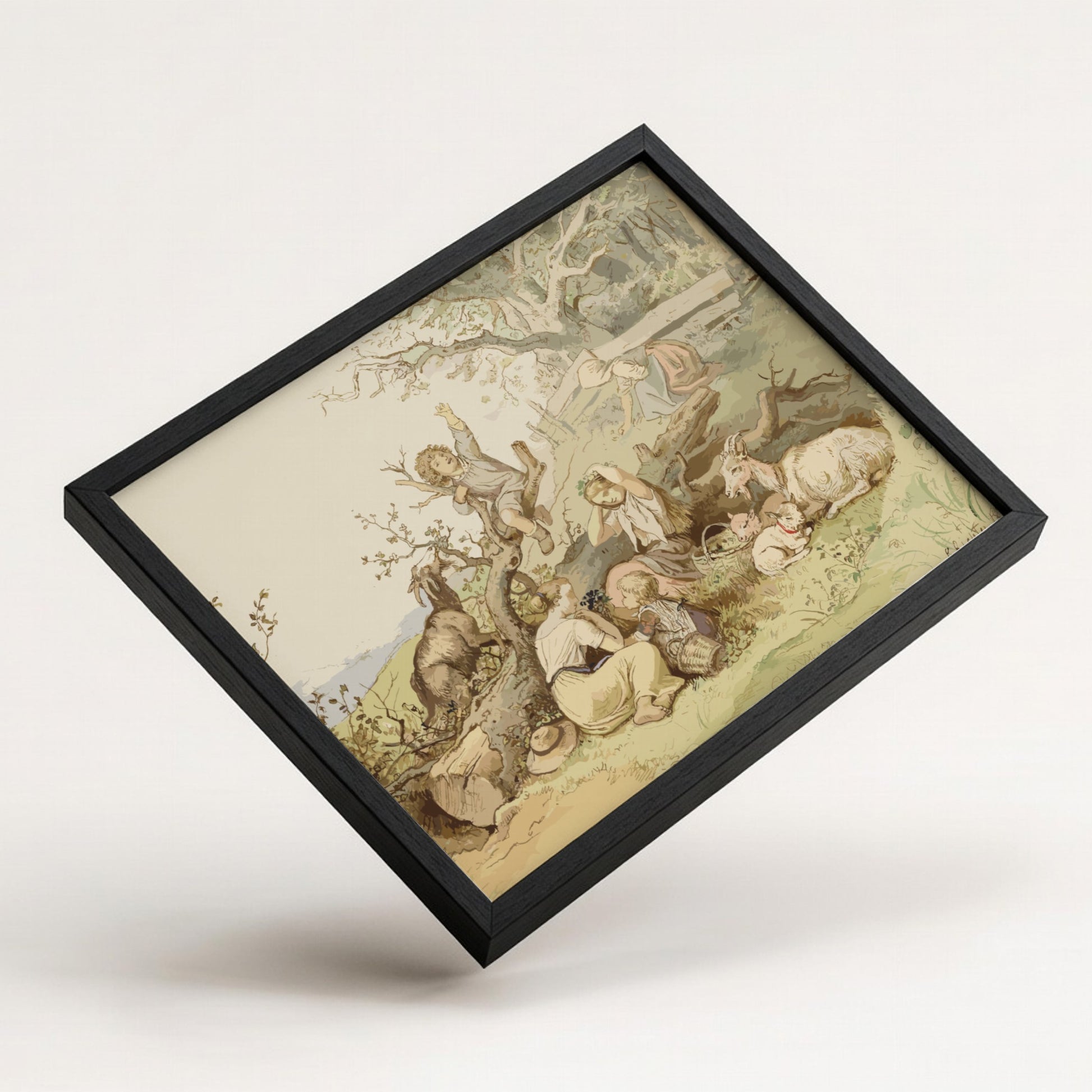 A vintage drawing titled 'Children and Goats Resting by a Felled Tree' by Adrian Ludwig Richter, featuring