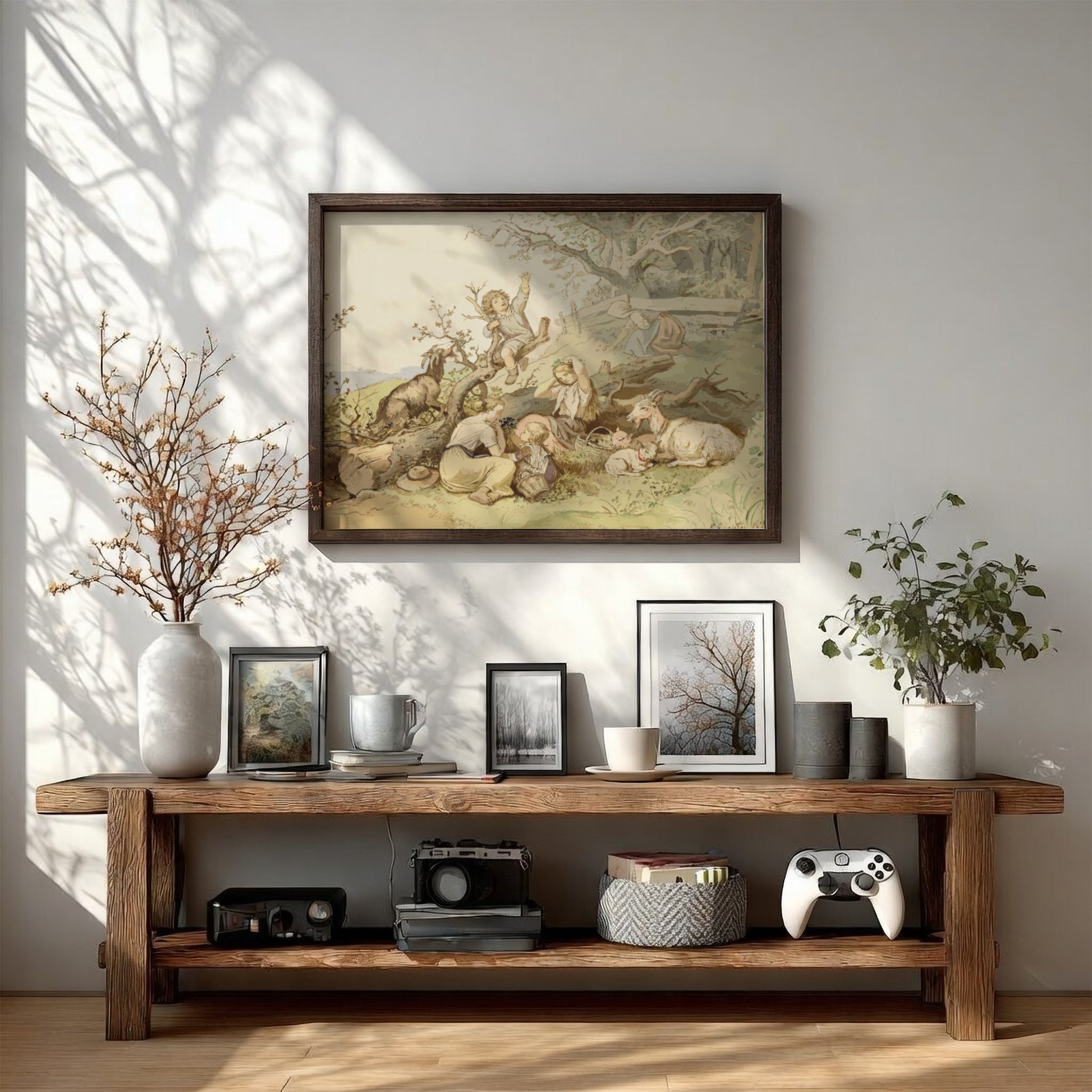A vintage drawing titled 'Children and Goats Resting by a Felled Tree' by Adrian Ludwig Richter, featuring