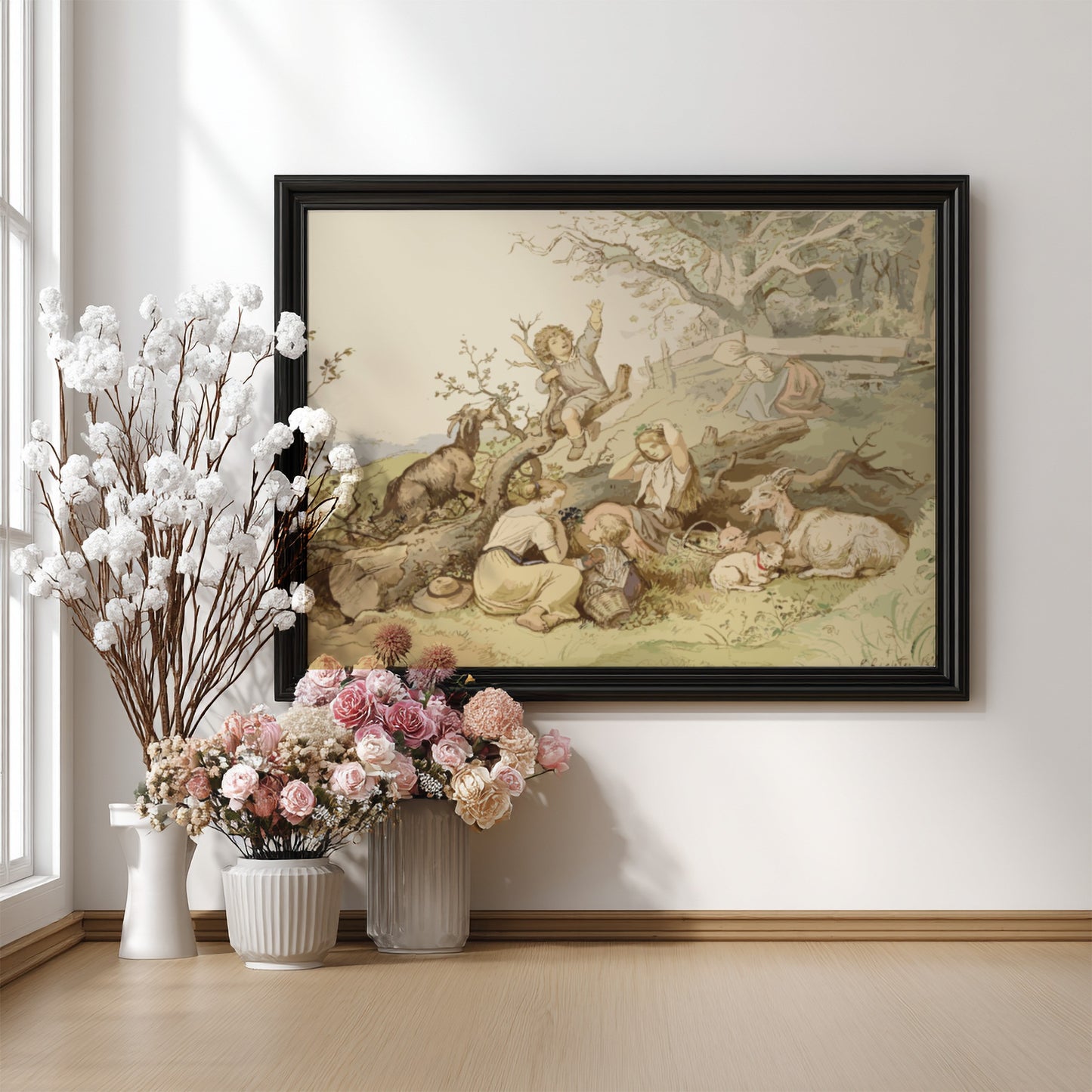 A vintage drawing titled 'Children and Goats Resting by a Felled Tree' by Adrian Ludwig Richter, featuring
