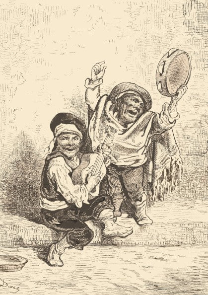 Vintage etching poster of two children playing music outside a church door, Nicolas-Toussaint Charlet.