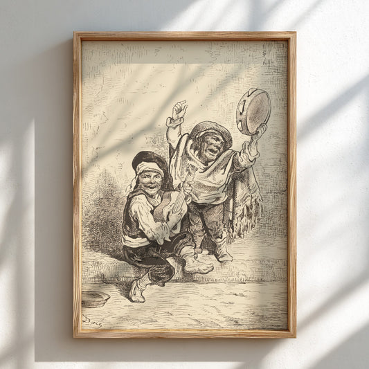 Vintage etching poster of two children playing music outside a church door, Nicolas-Toussaint Charlet.